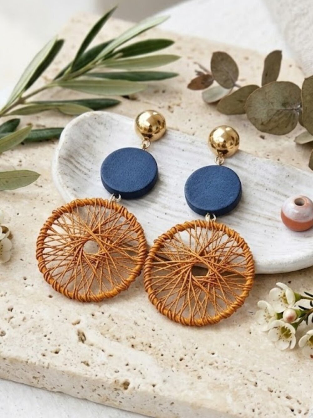 Handwoven Rust Amber Thread Disc Dangle Earrings Navy Wood Boho Chic 2.6"